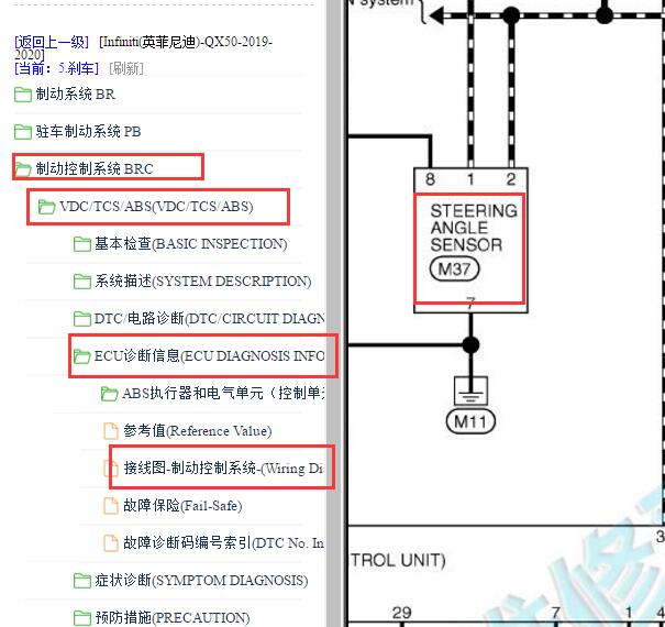 2019-2020年英菲尼迪QX50转向角传感器电路图