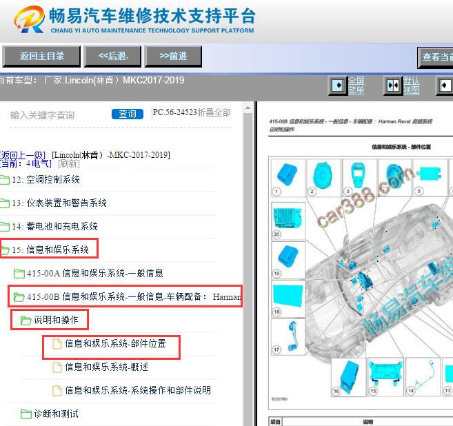 2017-2019年林肯MKC娱乐音响系统部件位置