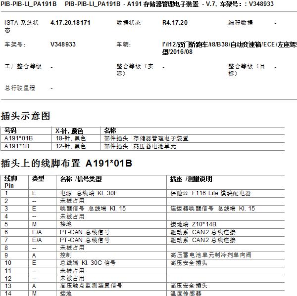 2014年宝马i8 电池针脚资料