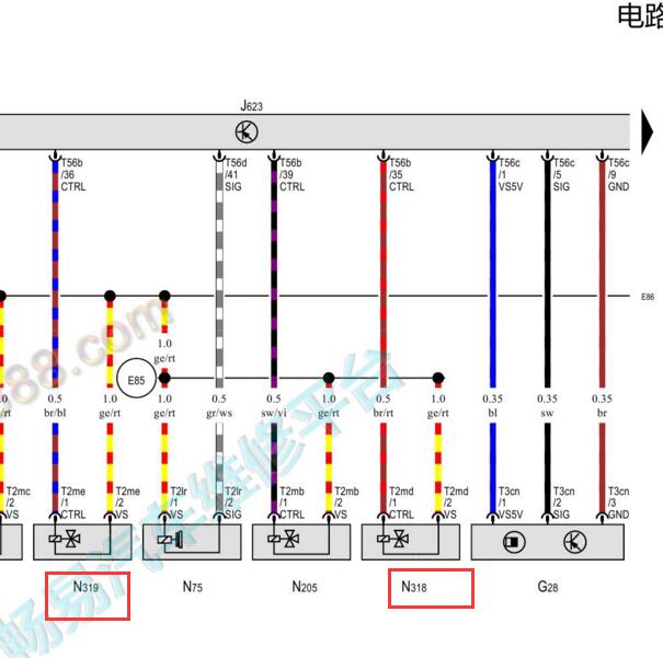 2018-2020年奥迪Q8 DCB发动机排气凸轮轴电磁阀电路图