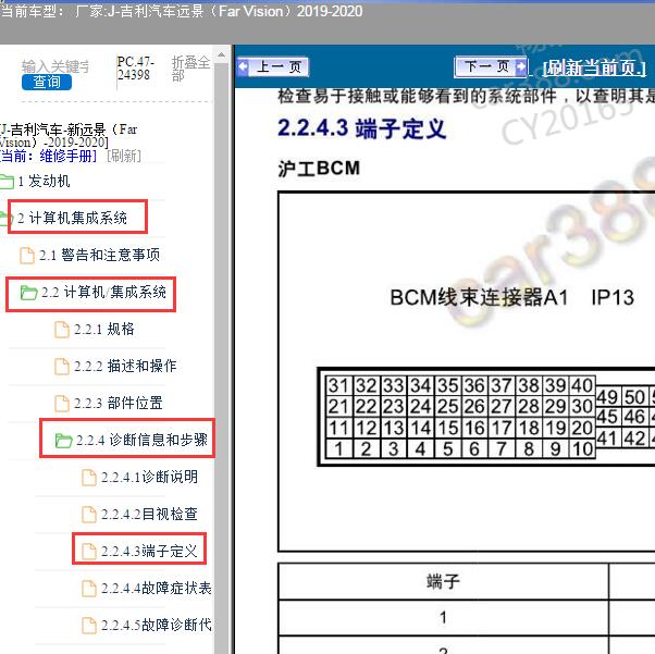 2020年吉利远景车身电脑端子资料