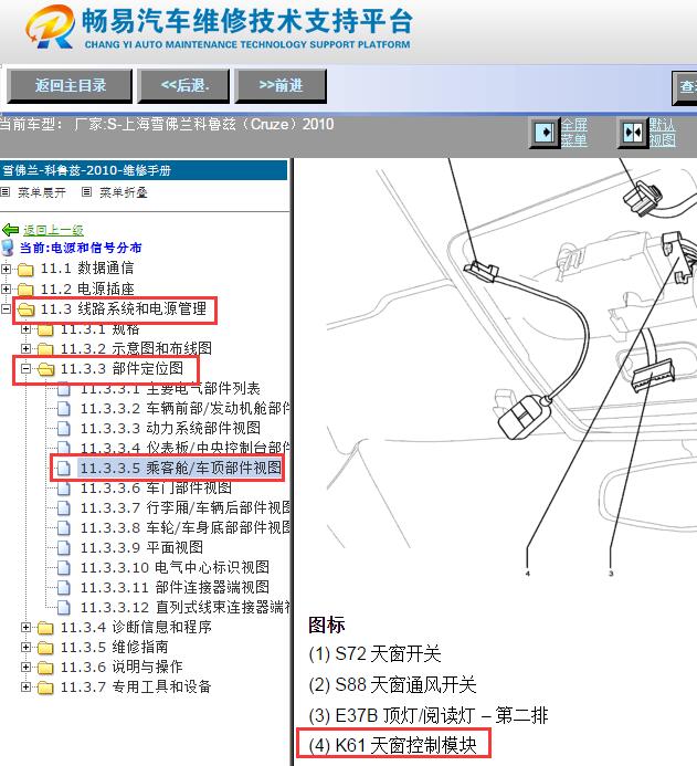 2010年雪佛兰科鲁兹天窗模块位置资料
