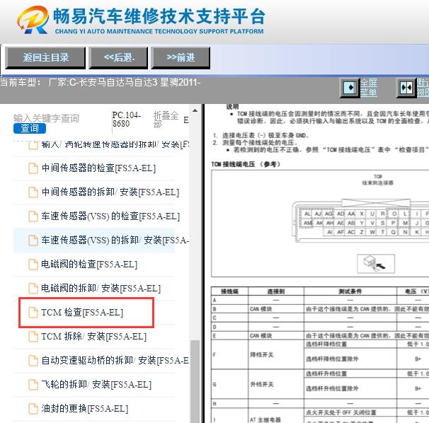 2011年长安马自达3 星骋变速箱电脑针脚资料