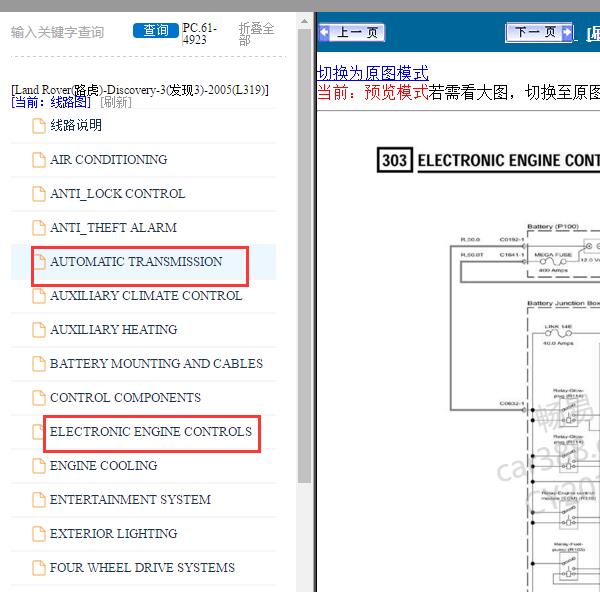 2005年路虎发现3发动机与变速箱电路图