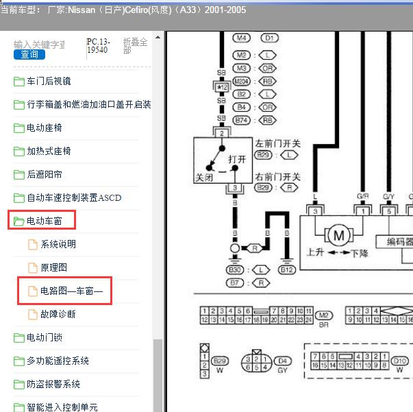 2004年日产风度A33 玻璃升降电路图和针脚图