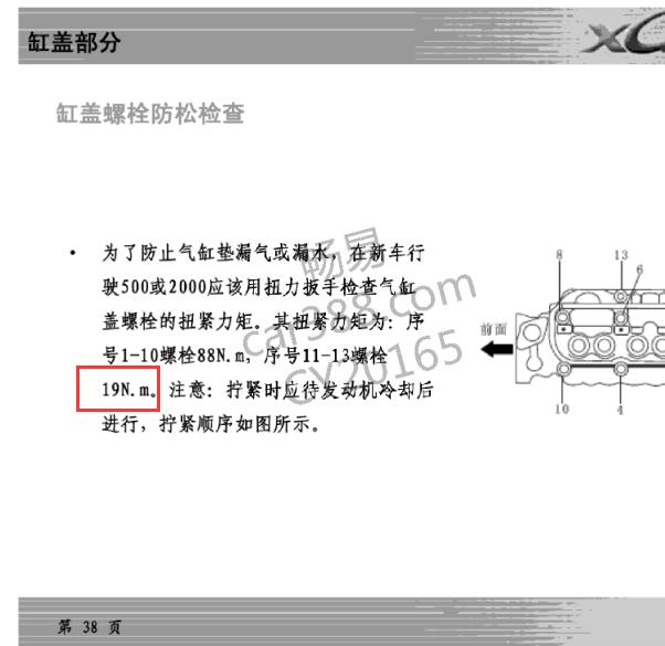 金杯V19发动机缸盖扭矩