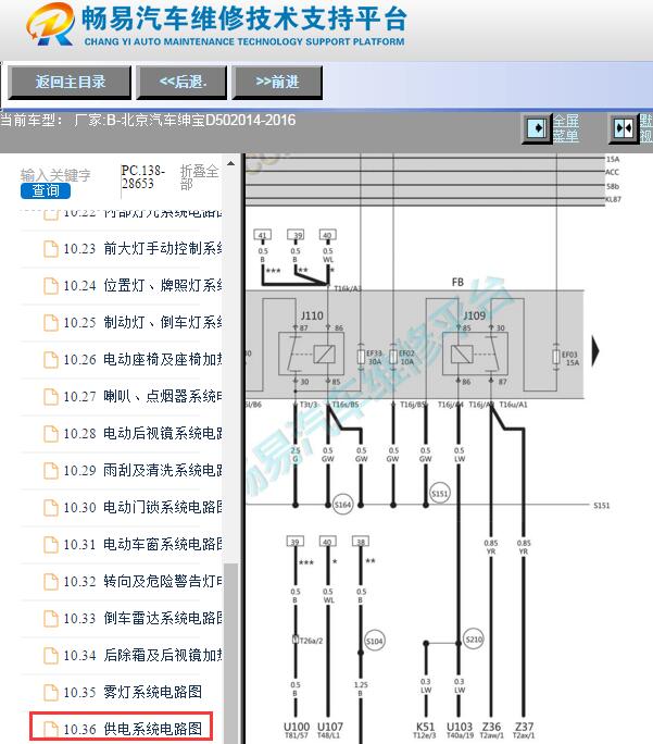 2014-2016年北汽绅宝D50车身电脑电源线路图