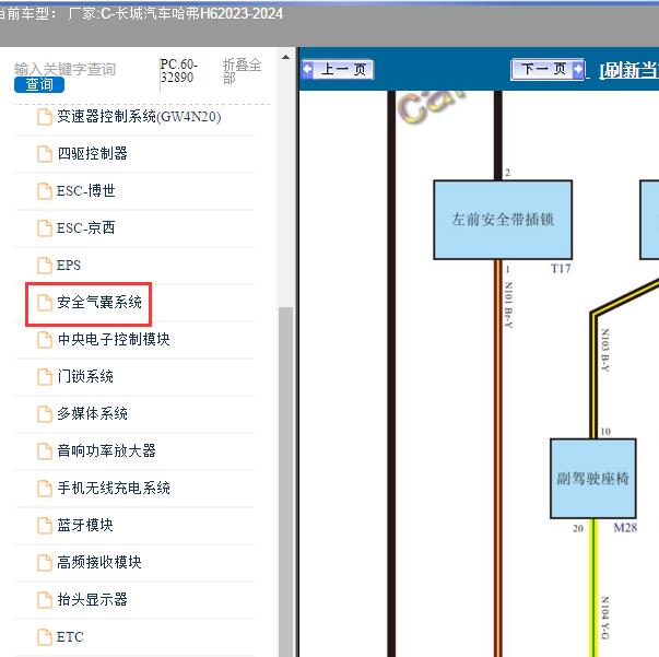 2023-2024年长城汽车-哈弗H6 气囊电路图和针脚定义