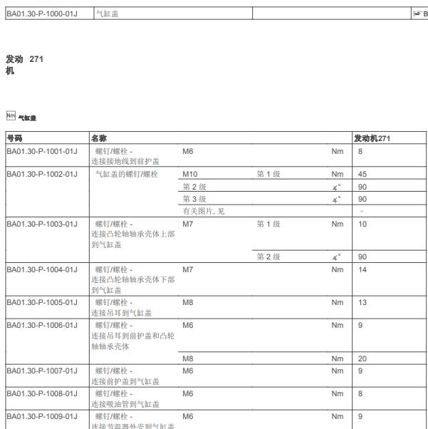 2010年奔驰E260 271发动机缸盖扭矩