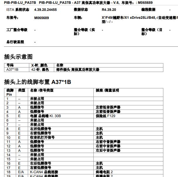2021年宝马X1音响功放针脚定义