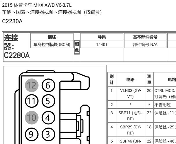 2015年林肯MKX车身电脑端子图
