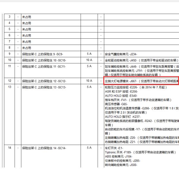 2015年大众途观远光灯保险与继电器位置