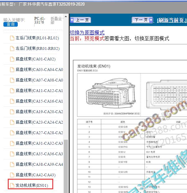 2019-2020年华晨汽车-鑫源T32S 发动机针脚