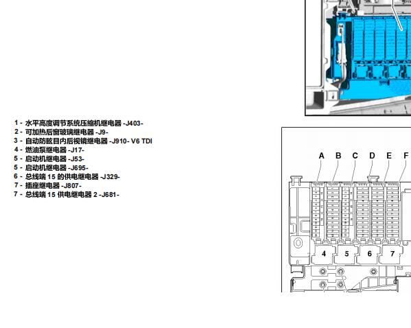 2012年奥迪A8L水平高度调节系统压缩机继电器位置