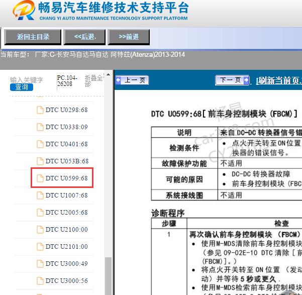 2014年马自达阿特兹故障码U0599-68维修手册