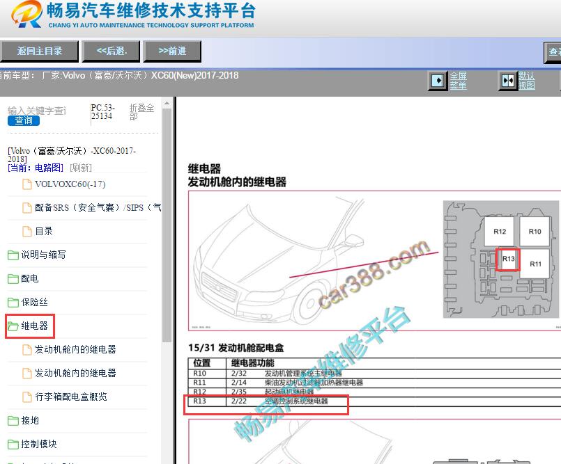 2017年沃尔沃XC60空调继电器位置