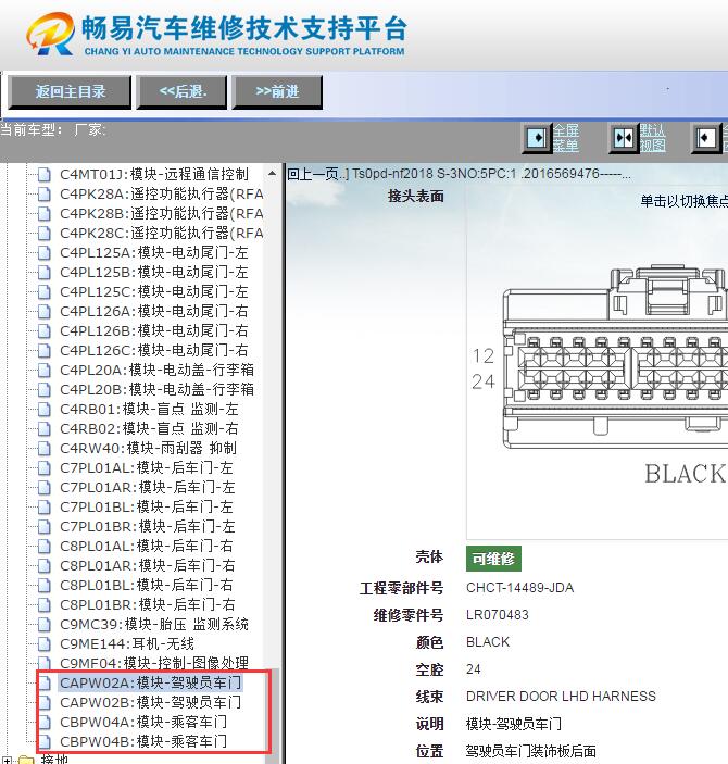 2018年路虎发现神行左前门模块针脚资料