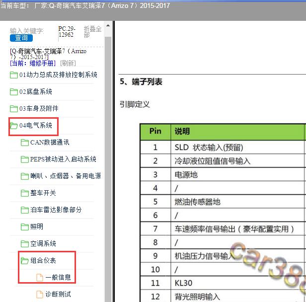 2015年奇瑞艾瑞泽7仪表针脚定义