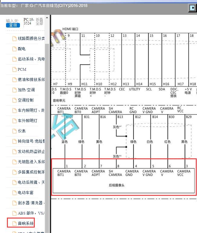 2016-2018年本田锋范8针后视摄像头电路图
