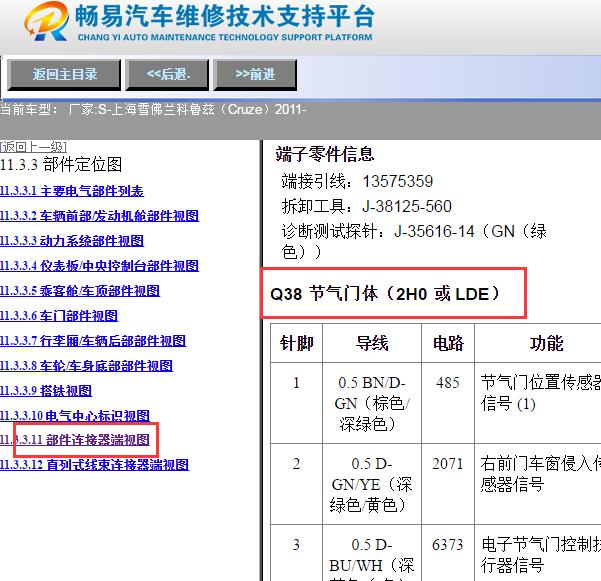 2011年雪佛兰科鲁兹节气门针脚定义