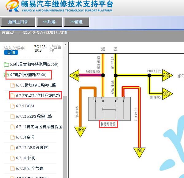 2017-2018年众泰Z560刹车灯开关电路图