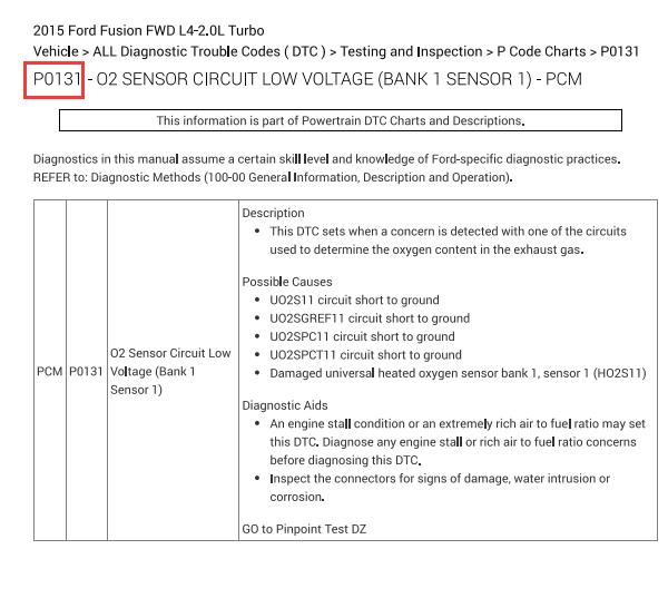 2015年福特福克斯P0131故障码资料