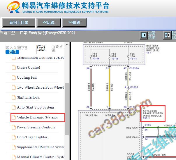 2020-2021年福特Ranger ABS系统电路图