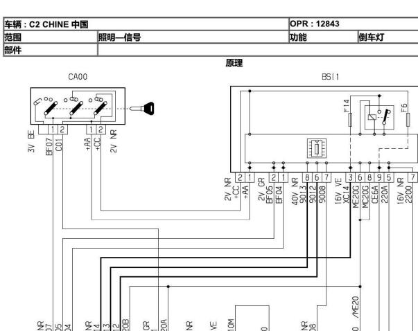 2012年雪铁龙C2 倒车灯电路图和保险丝继电器资料