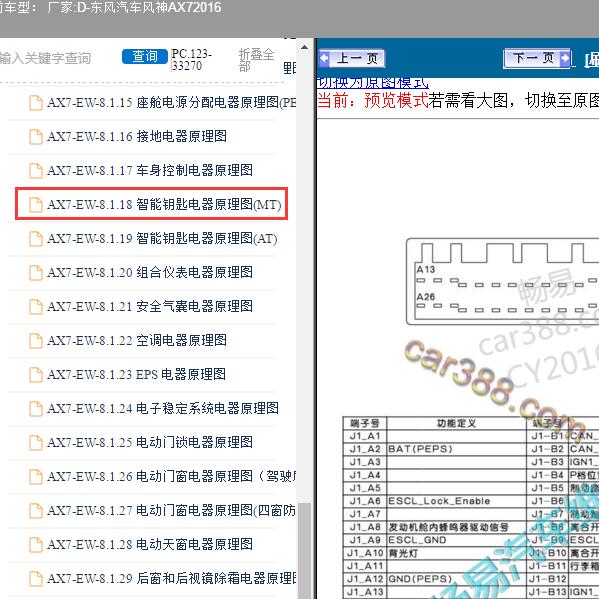 2016年东风汽车-风神AX7 智能钥匙针脚和电路图