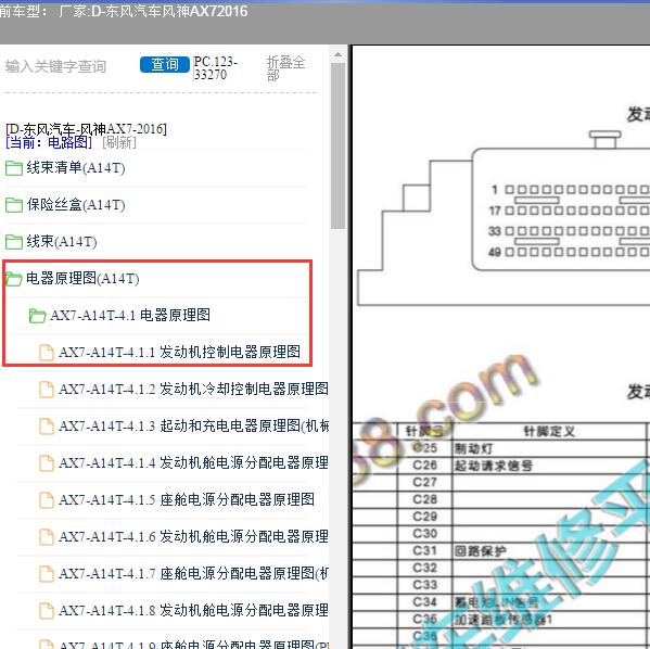 2016年东风汽车-风神AX7 发动机针脚和电路图