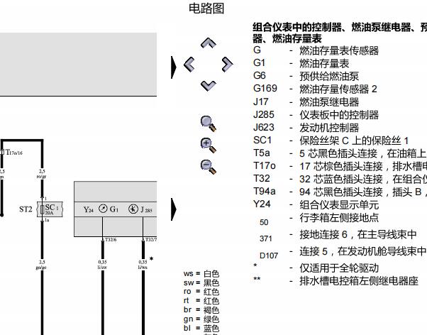 2011年奥迪A6L 油泵电路图和保险丝继电器位置