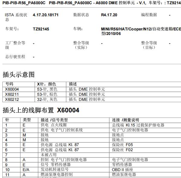 2010年宝马Mini Cooper 发动机电脑针脚定义资料