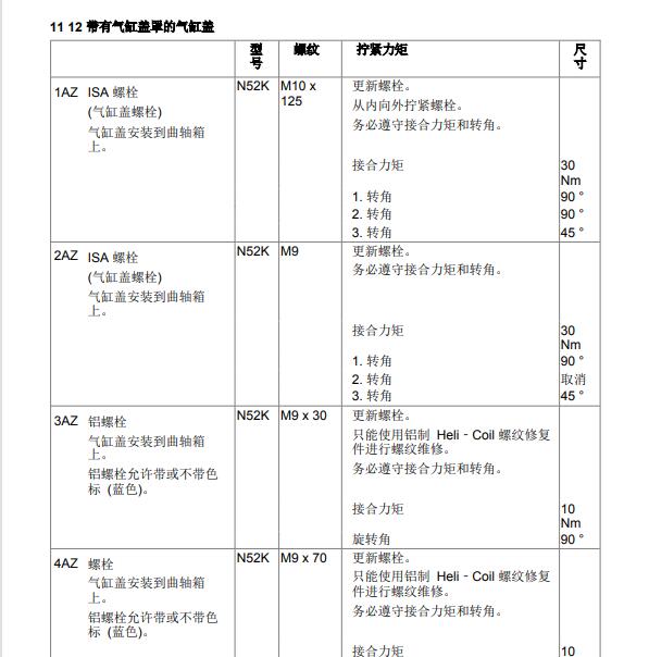 2012年宝马523Li N52发动机维修扭矩