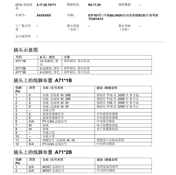 2015年宝马520LI仪表针脚定义