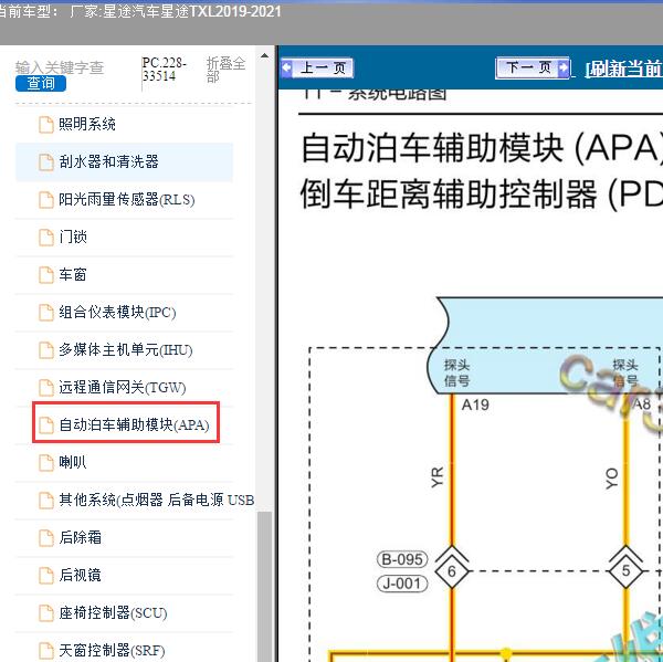 2019-2021年星途汽车-星途TXL 倒车雷达电路图