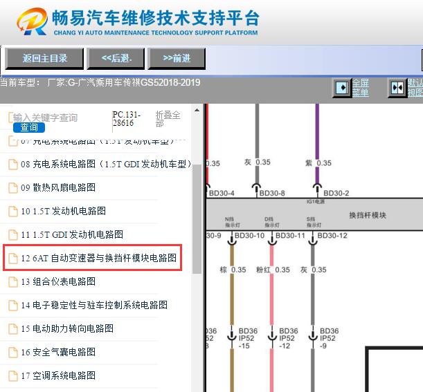 2018-2019年广汽传祺GS5换挡模块电路图资料