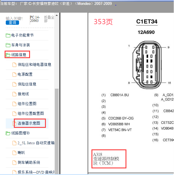 2009年福特蒙迪欧致胜变速箱针脚资料
