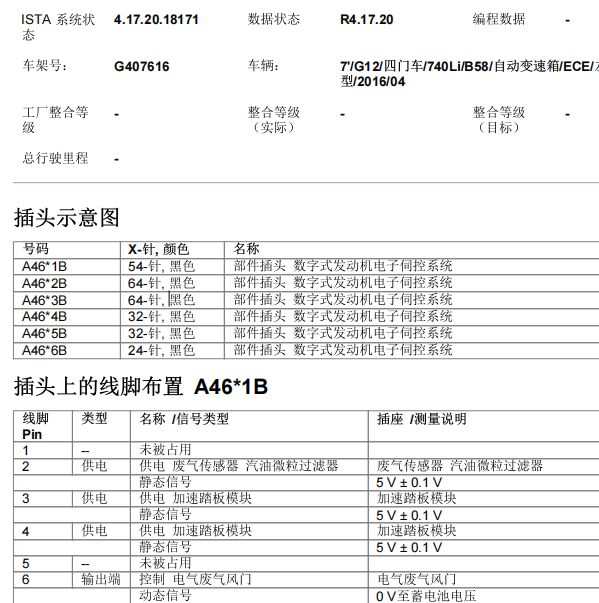 2016年宝马740Li发动机电路图和针脚定义