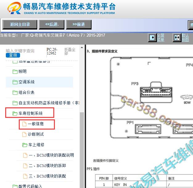 2015-2016年奇瑞艾瑞泽7车身电脑针脚资料