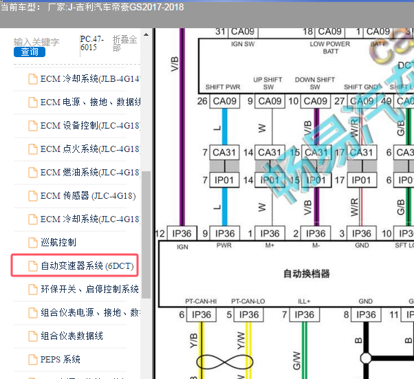 2018年吉利帝豪GS换挡机构电路图