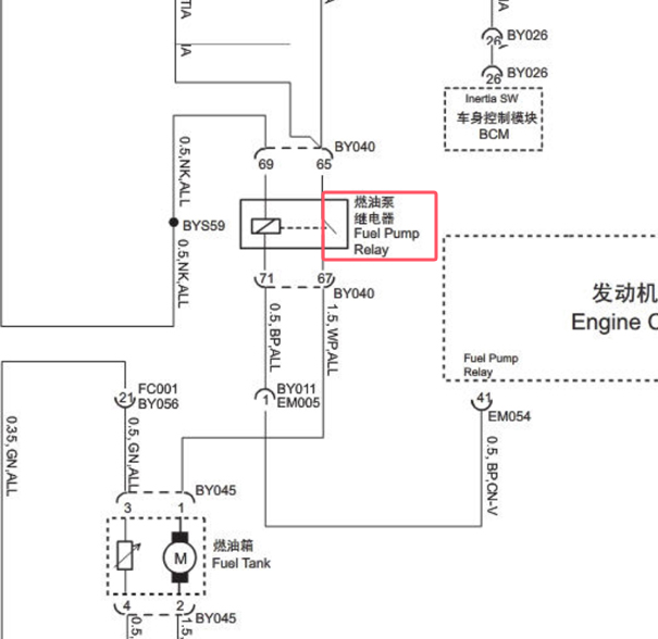 2013年名爵MG3油泵继电器电路图