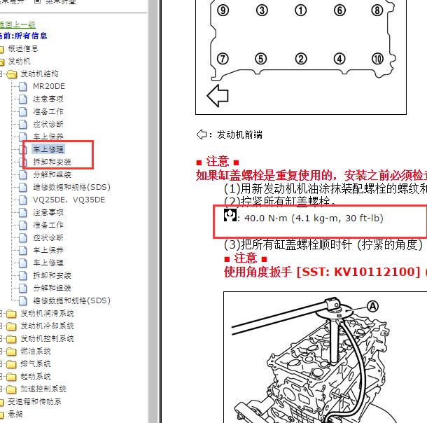 2011-2012年日产天籁MR20发动机维修扭矩
