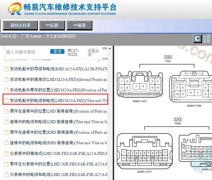 2023年雷克萨斯ES200线束插头CA1-CA4的针脚图