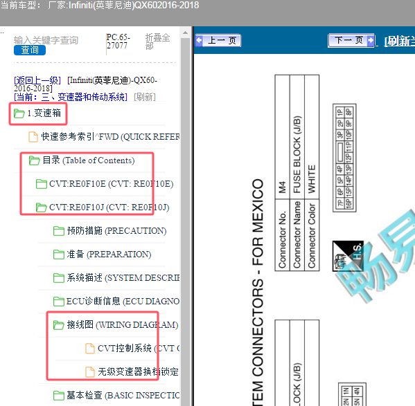 2016-2018年英菲尼迪QX50变速箱针脚定义