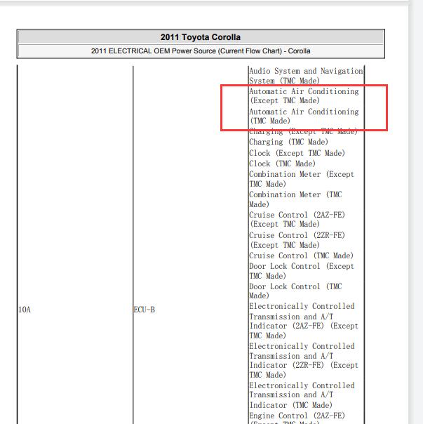 2011年丰田卡罗拉空调保险资料