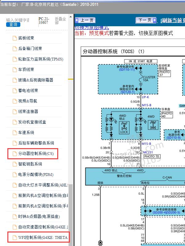 2010-2011年北京现代-胜达 四驱和发动机电路图