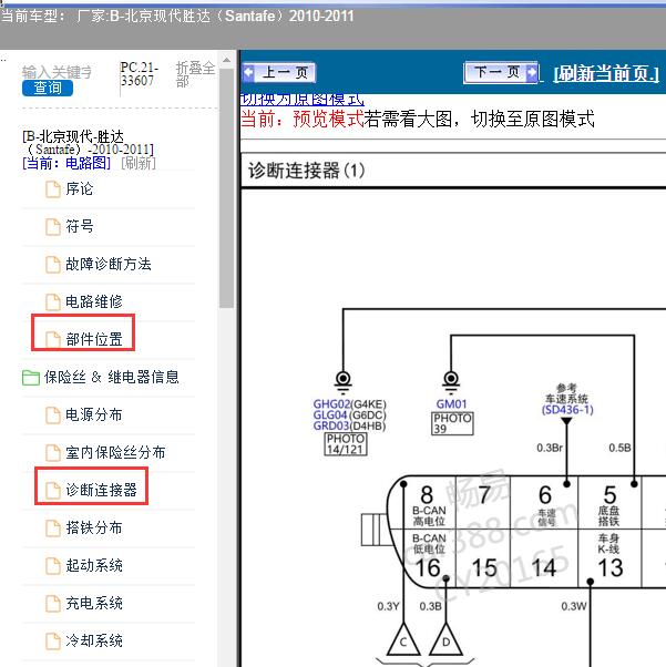 2010-2011年北京现代-胜达 通讯电路图和全车部件位置