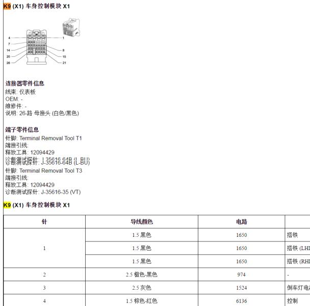 2009年别克君威车身电脑针脚资料