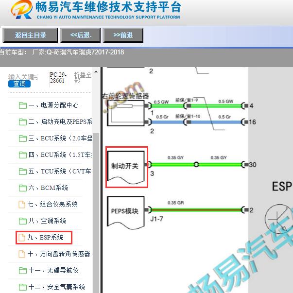 2017-2018年奇瑞瑞虎7手刹开关电路图