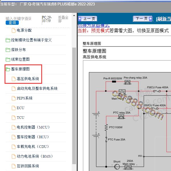 2022-2023年奇瑞汽车-瑞虎8 PLUS鲲鹏e 高压供电系统电路图